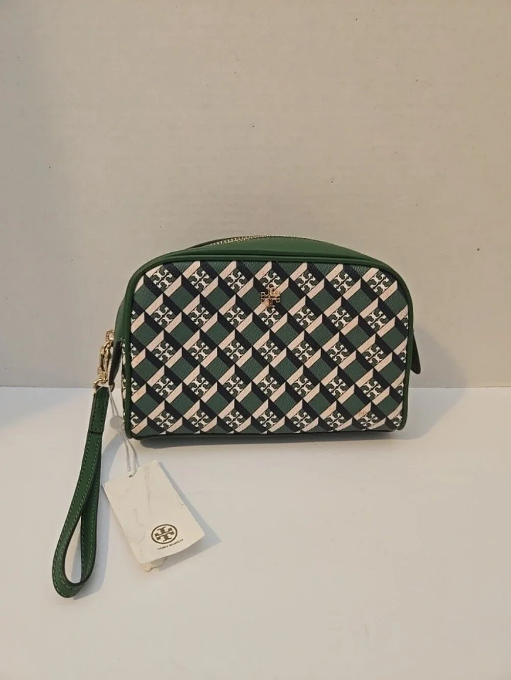Tory Burch Green Multi Geo Logo Essentials Pouch Cosmetic Wristlet Clutch NWT!